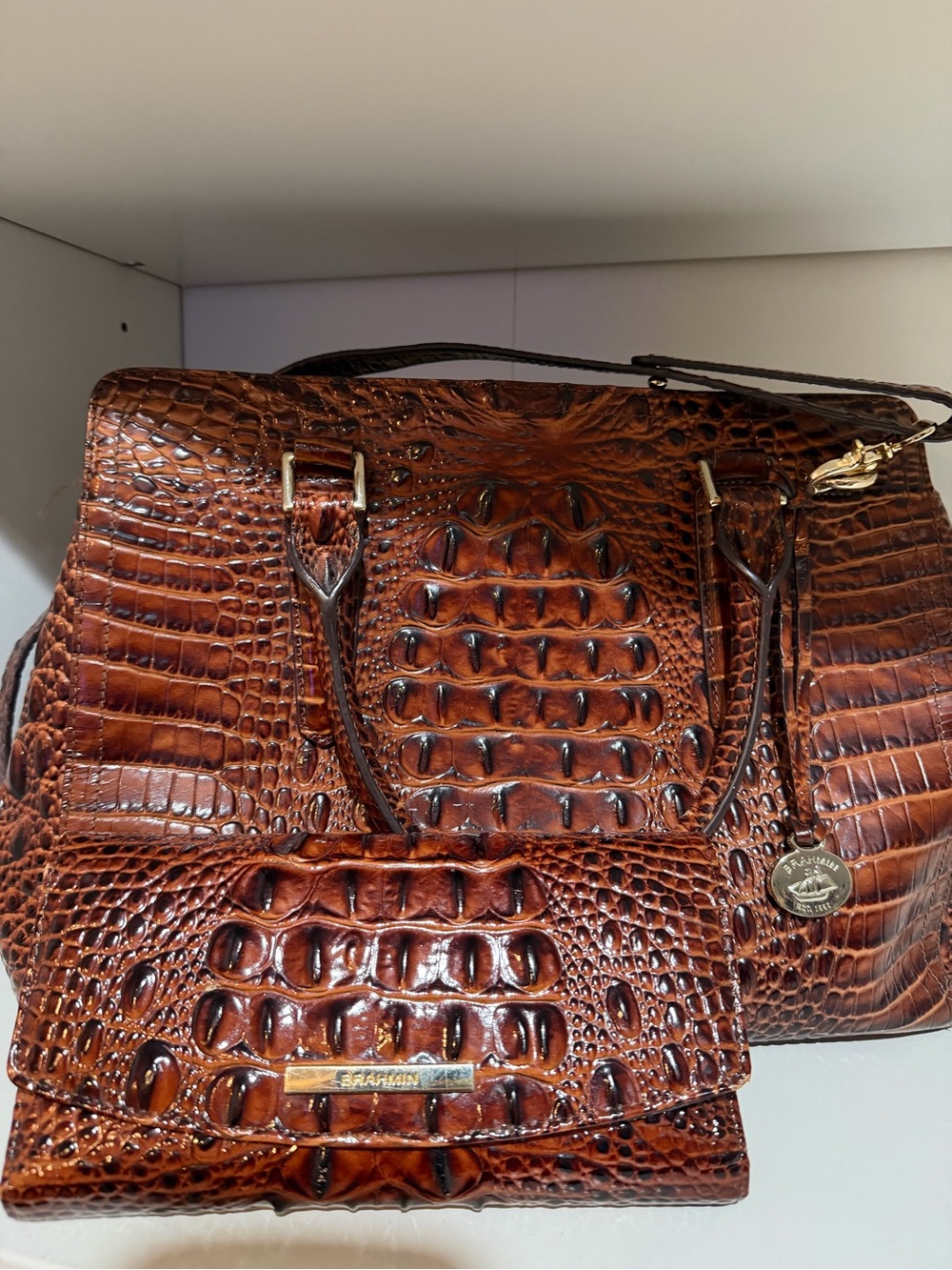 Brahmin Brown Croc-Embossed Satchel with Matching Wallet